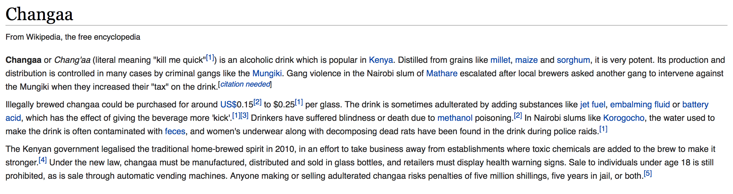Changaa, highly potent alcohol from Kenya