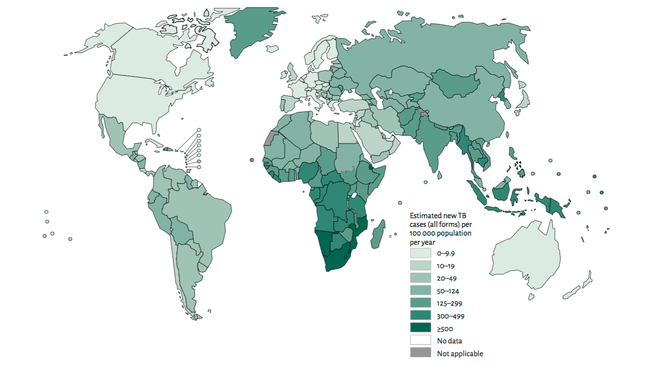 Global TB Report 2015, WHO, TB incidence rates 2014